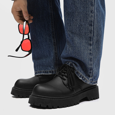 大头皮鞋男款秋季休闲复古厚底增高德比鞋正装英伦风黑色宽脚潮鞋