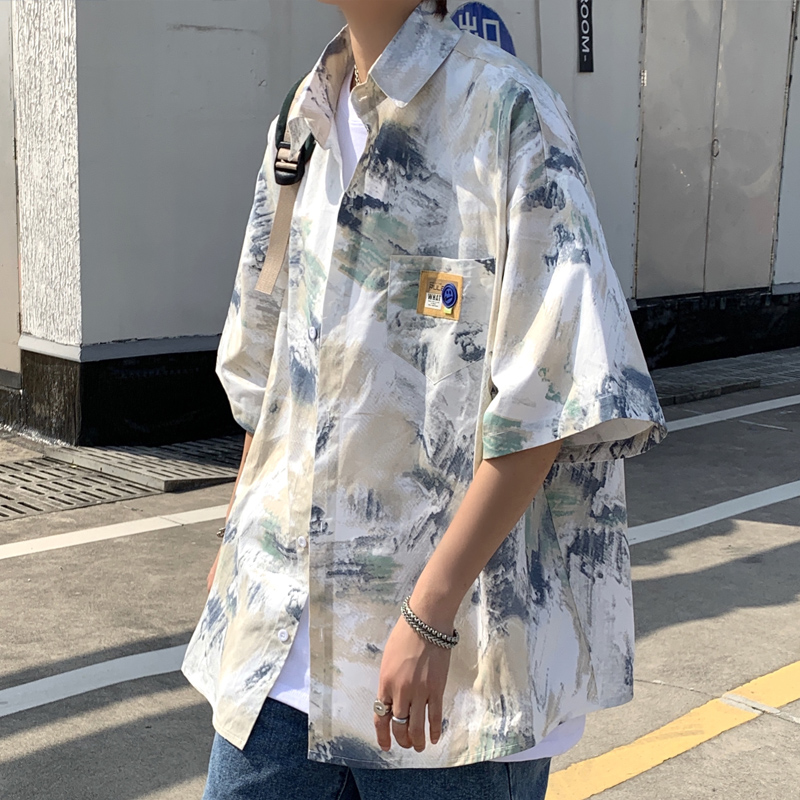 印花衬衫男款夏季短袖宽松大码潮流潮牌夏天沙滩衬衣休闲半袖外套