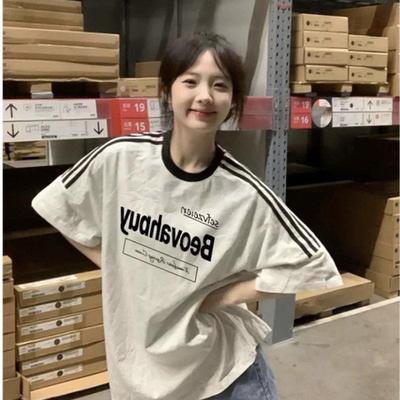 纯棉美式字母印花短袖T恤女夏季新款设计感小众宽松三条杠上衣潮