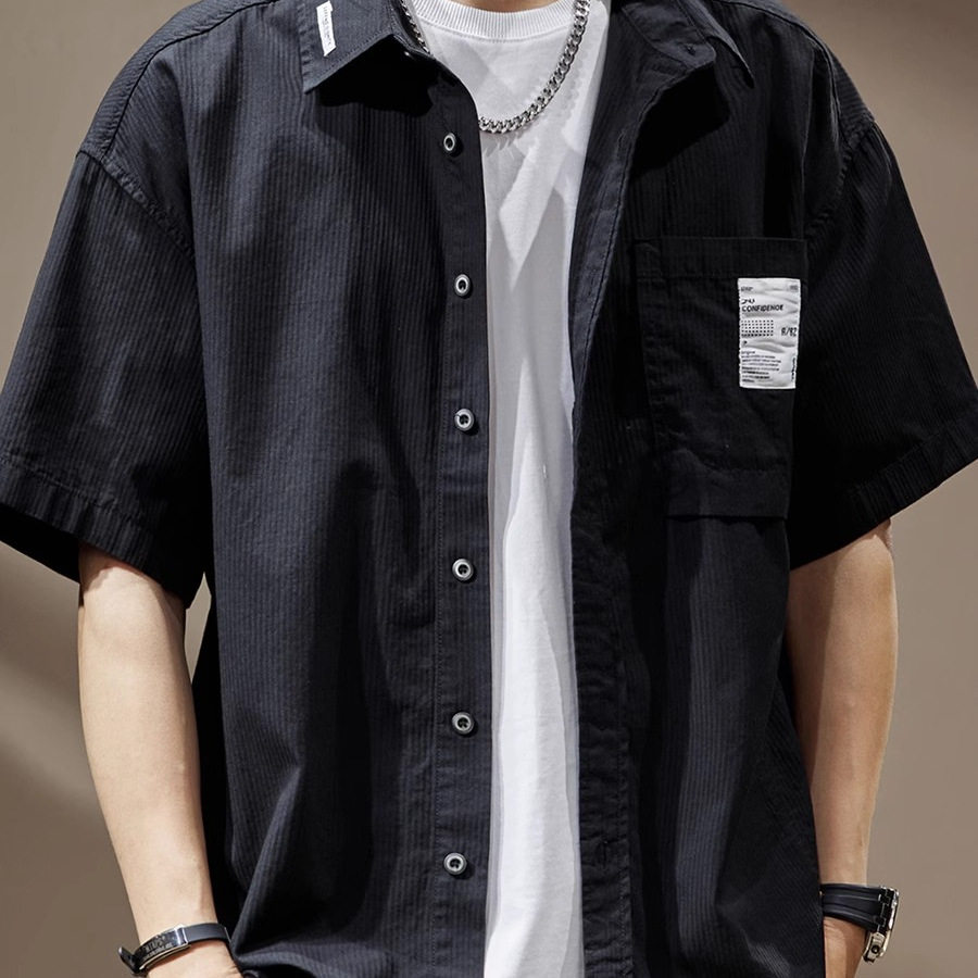 美式高级感黑色短袖衬衫男夏季薄款宽松纯棉休闲上衣工装衬衣外套
