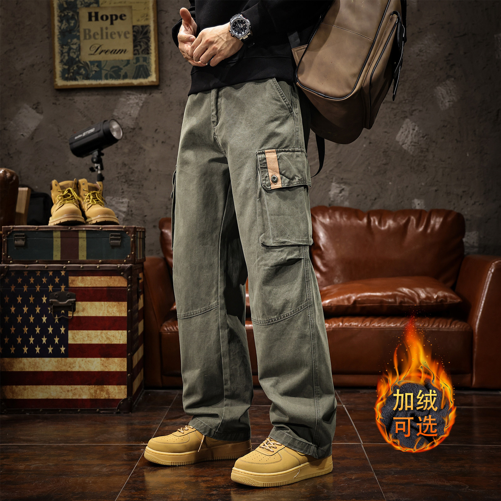 美式高端潮牌工装裤男2026春秋季新款军绿色户外宽松直筒休闲裤子