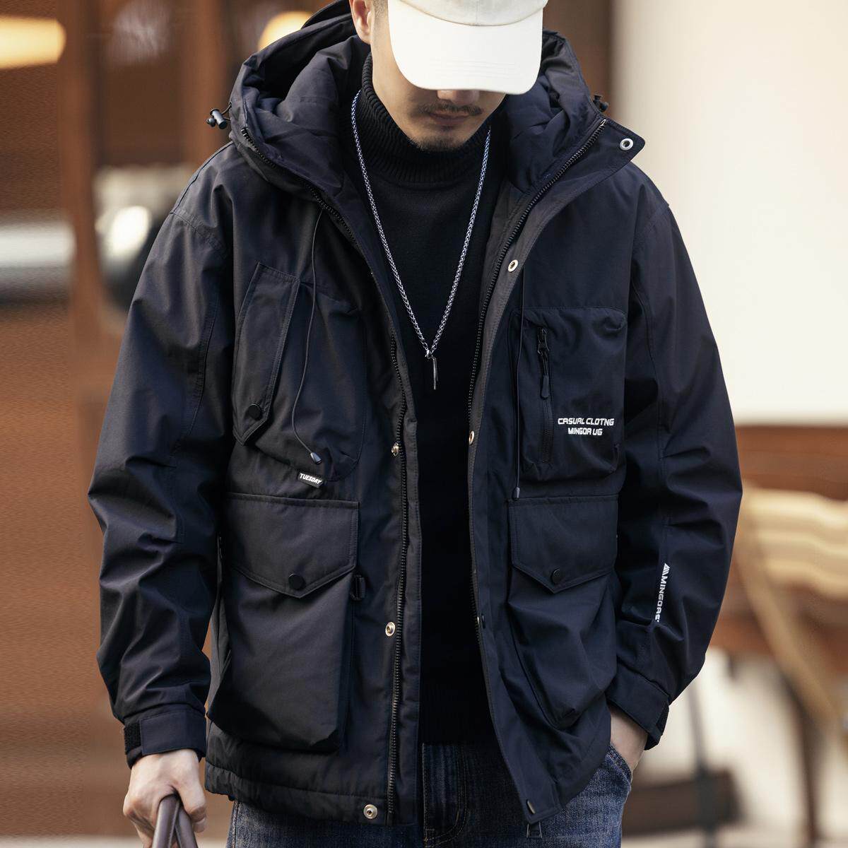格蓝鹿高端美式连帽黑色工装羽绒服男冬季保暖休闲情侣宽松外套男