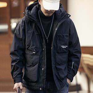 格蓝鹿高端美式连帽黑色工装羽绒服男冬季保暖休闲情侣宽松外套男
