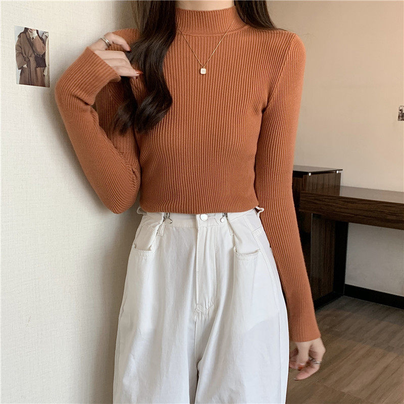 여성 가을 ??겨울 터틀넥 스웨터 빈티지 솔리드 기본 K