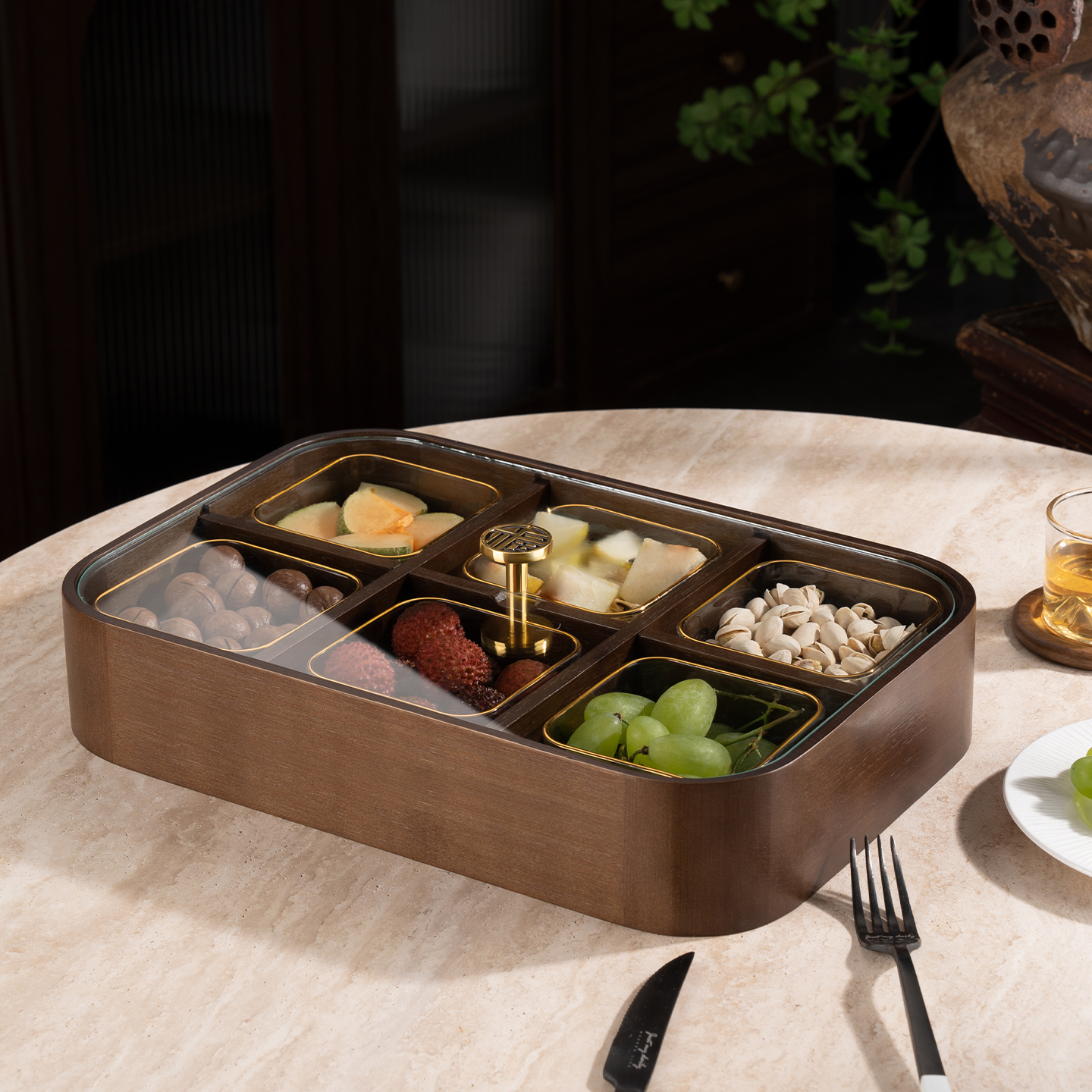 轻奢中式实木干果盒家用客厅茶几