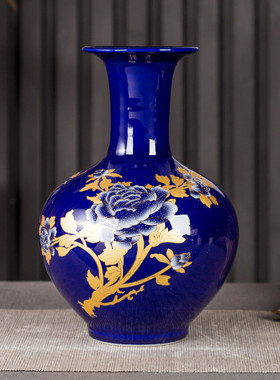 景德镇陶瓷器蓝色花瓶摆件客厅插干花新中式客厅电视柜家居装饰品