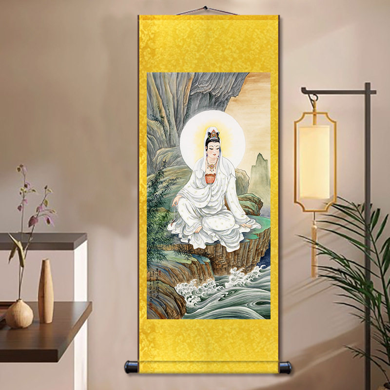 白衣菩萨画像滴水观世音佛像画佛堂丝绸卷轴挂画书法玄关