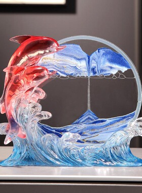 风生水起流沙画海豚摆件电视柜酒柜办公室装饰乔迁生日礼物高级感