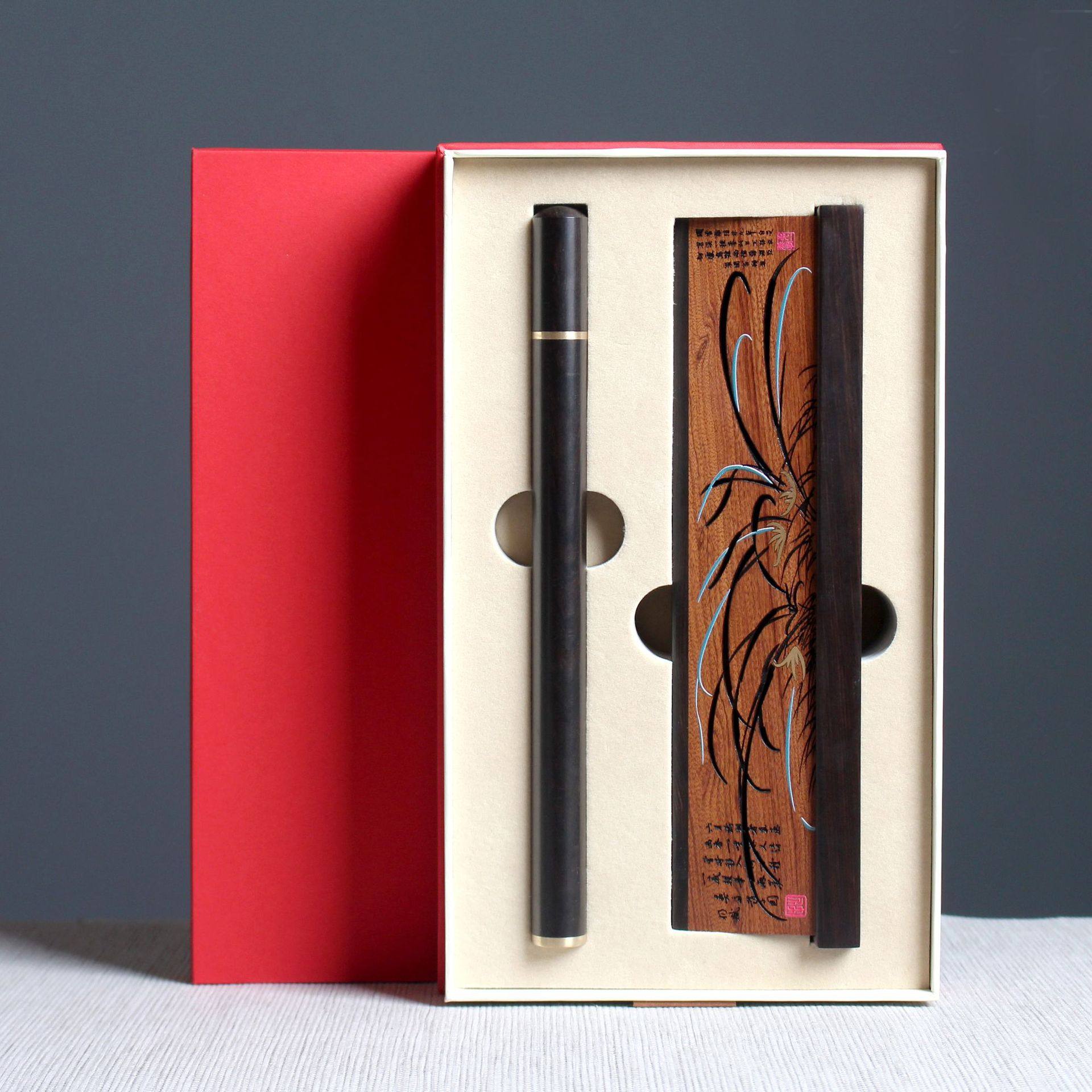 酸枝黑檀线香木质双面立体香盒香具卧香炉兰花2件套礼盒香道伴手