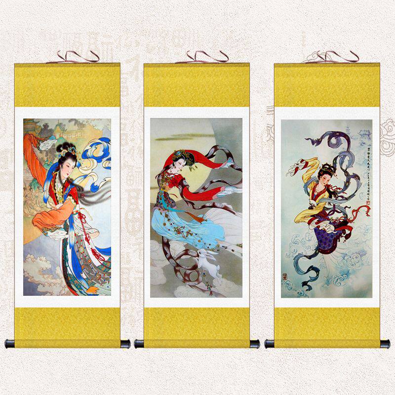人物画像挂画嫦娥奔月图卷轴画酒店客厅仙女装饰画中秋礼品丝绸画