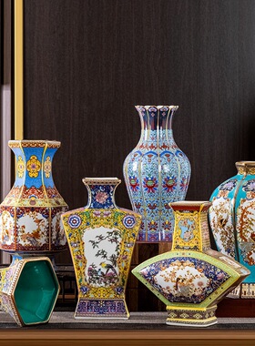 新中式复古珐琅彩陶瓷花瓶家居客厅装饰品电视柜酒柜博古架小摆件