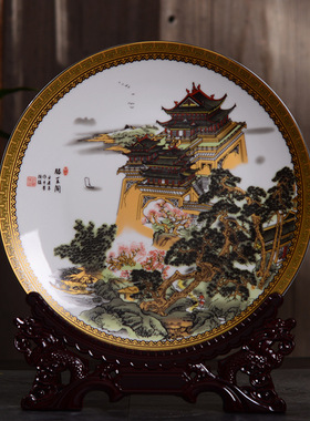 景德镇中式装饰盘摆件滕王阁四大明楼家居陶瓷工艺挂盘礼品盘批发