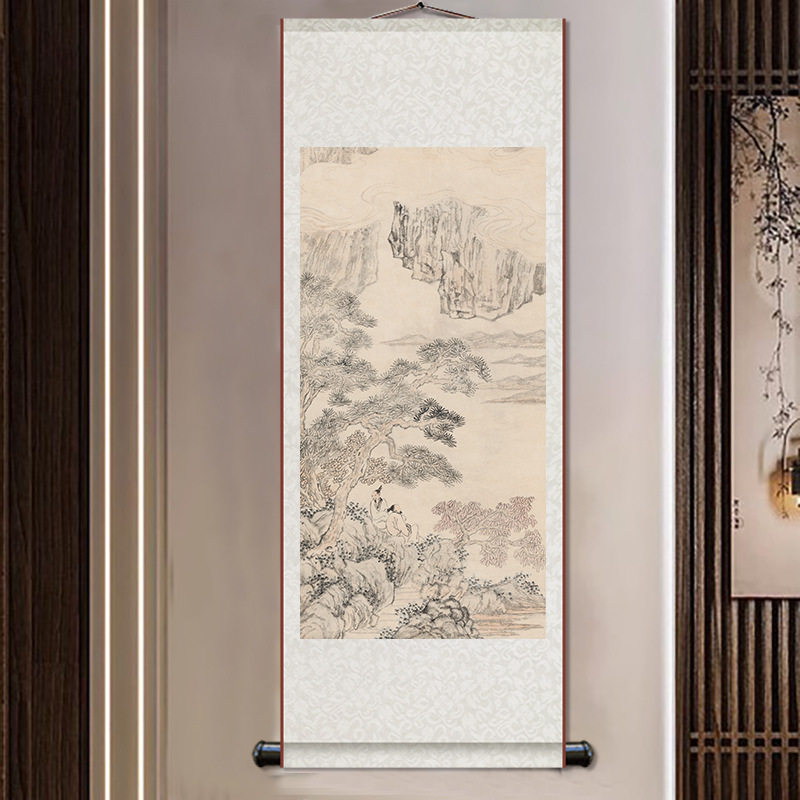 松树人物图远水疏林图近现代国画丝绸卷轴挂画新中式茶室书房玄关