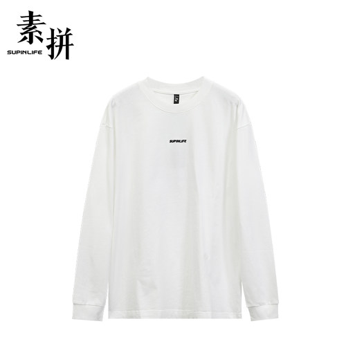 素拼男装春季潮牌休闲白色T恤长袖圆领百搭休闲打底SPADT535078AM