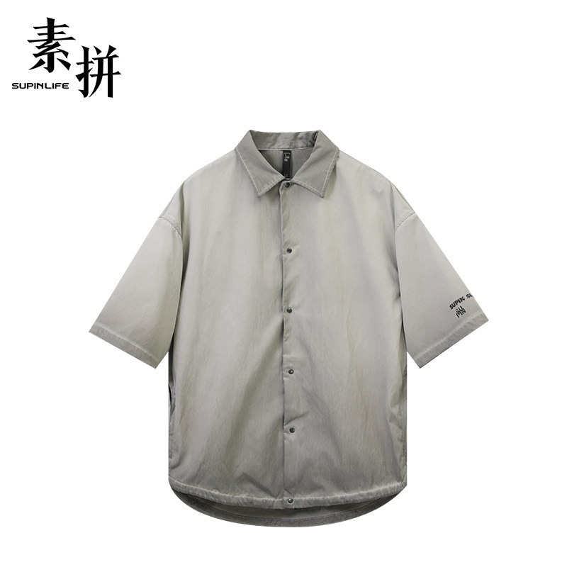 素拼男装夏季通勤翻领休闲风短袖衬衫宽松潮牌渐变色设计衬衣外套