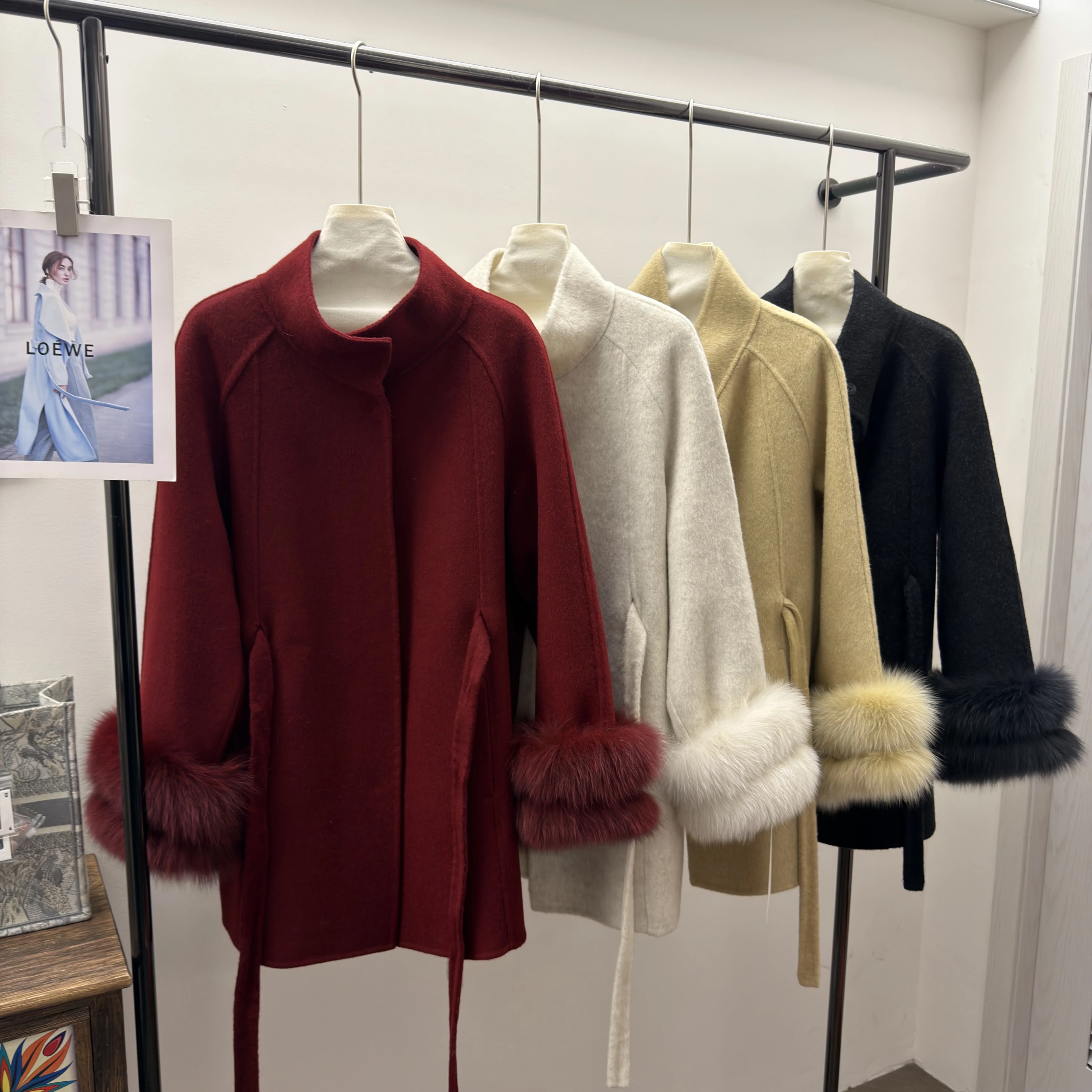 韩版双面羊毛红色大衣秋冬新款狐狸毛袖口中长款羊绒收腰外套女