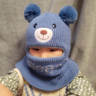 儿童防风护脸一体帽子口罩围脖男女童冬季加绒加厚保暖毛线针织帽