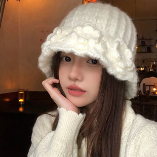 立体花朵盆帽保暖毛线帽冬季女士高级感白色针织渔夫帽子保暖盆帽