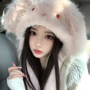 女生冬天帽子围巾一体耳朵会动毛绒帽冬季保暖护耳帽甜美可爱加厚