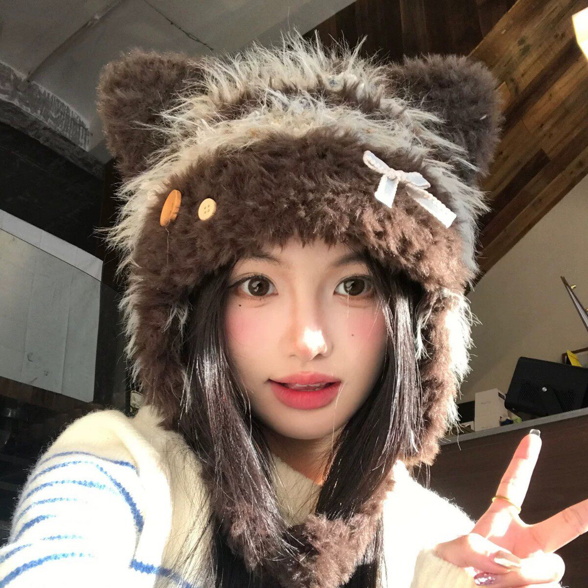 猫耳朵帽针织帽女款黑色白色可爱毛绒秋冬季保暖加厚大头围雷锋帽