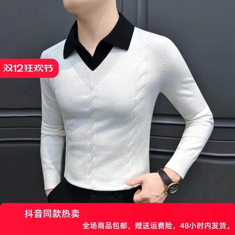 千里马轻奢假两件男士针织衫秋冬毛线衣男款爆款2026新款打底衫