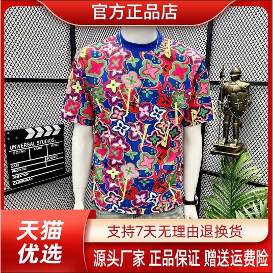 VESTIGELMVQ夏季高级感新款男士潮牌彩色花卉字母图案圆领短袖T恤