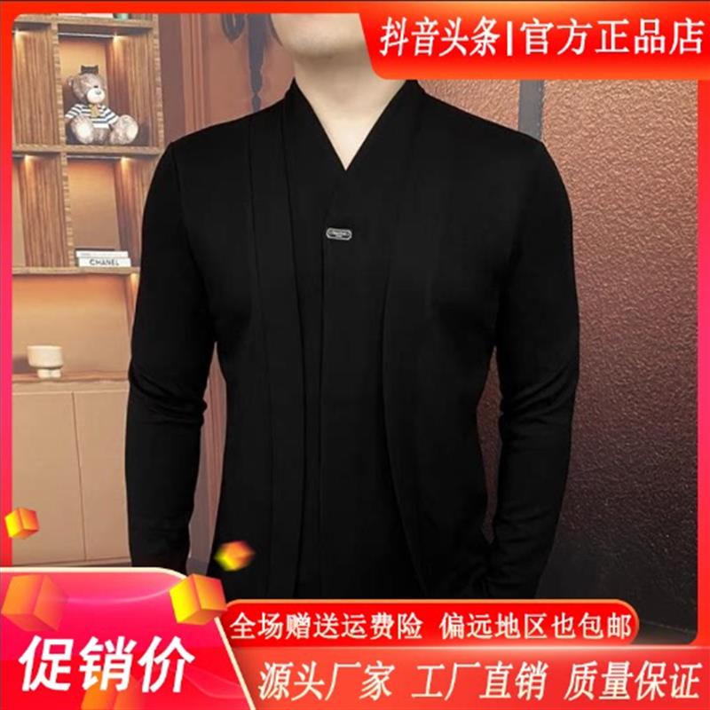 卡彬男装帅气2026新款轻奢V领假两件上衣-FN高品质假两件黑色卫衣