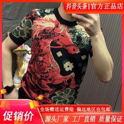 磐拓男装LMVhcQ男马年新年针织短袖圆领策马奔腾毛W衣免烫修身针