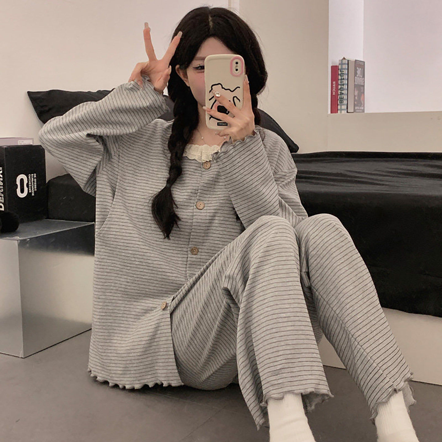 法国Uamtor带胸垫月子服夏季纯棉56月份产后大码孕妇睡衣薄款哺乳