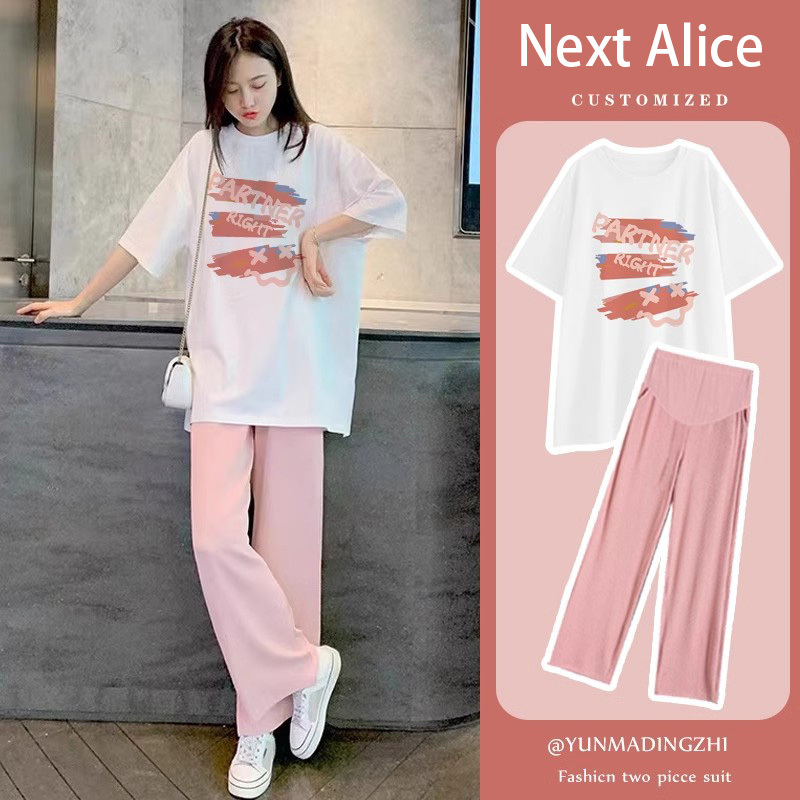 Next Alice孕妇套装2025新款夏季时髦短袖上衣T恤阔腿裤子两件套