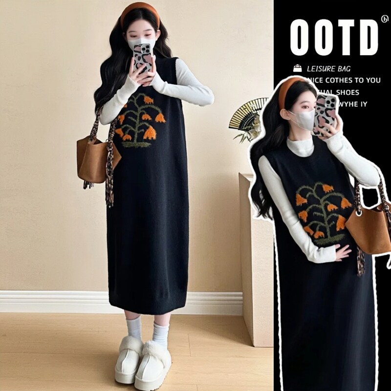 法国Uamtor孕妇套装秋冬新款高级感刺绣背心毛衣连衣裙叠穿两件套