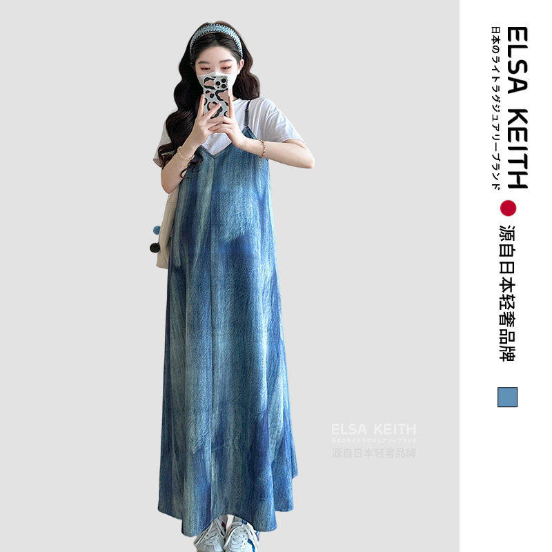 日本ELSA KEITH孕妇装2026夏新款扎染吊带v领宽松短袖连衣裙套装