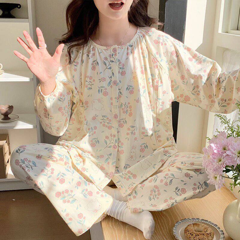 MDCW月子服a类纯棉春秋产后哺乳喂奶全棉吸汗孕妇睡衣夏薄款套装