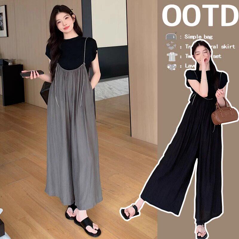 法国Uamtor孕妇装夏季薄阔腿裤2026新款背带裤套装洋气时髦两件套