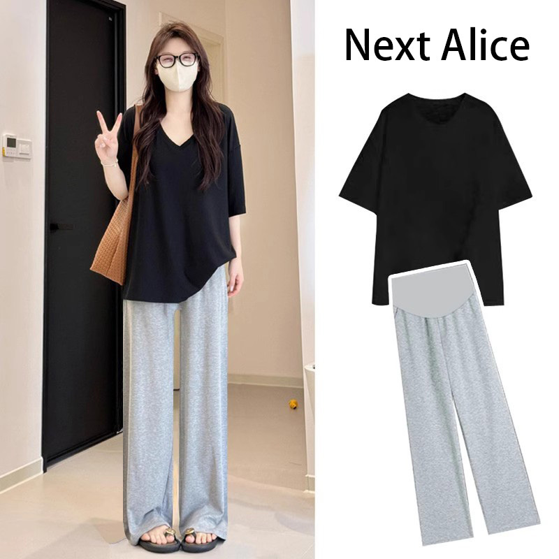 Next Alice孕妇套装夏装2025高级感正肩V领纯棉短袖t恤大尺码宽裤
