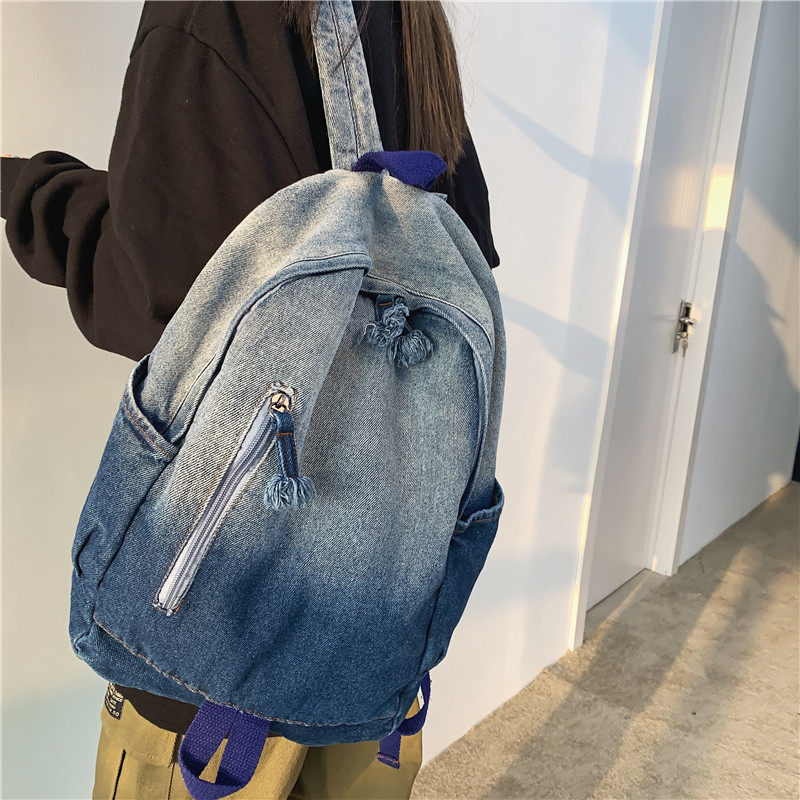 法国MKLUCK书包女简约水洗牛仔帆布双肩包高中初中渐变高颜值背包