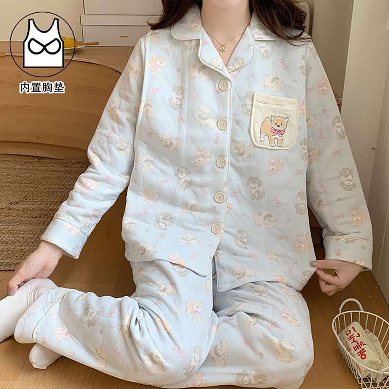 法国Uamtor月子服秋冬季空气棉带胸垫产后纯棉孕妇睡衣哺乳家居服