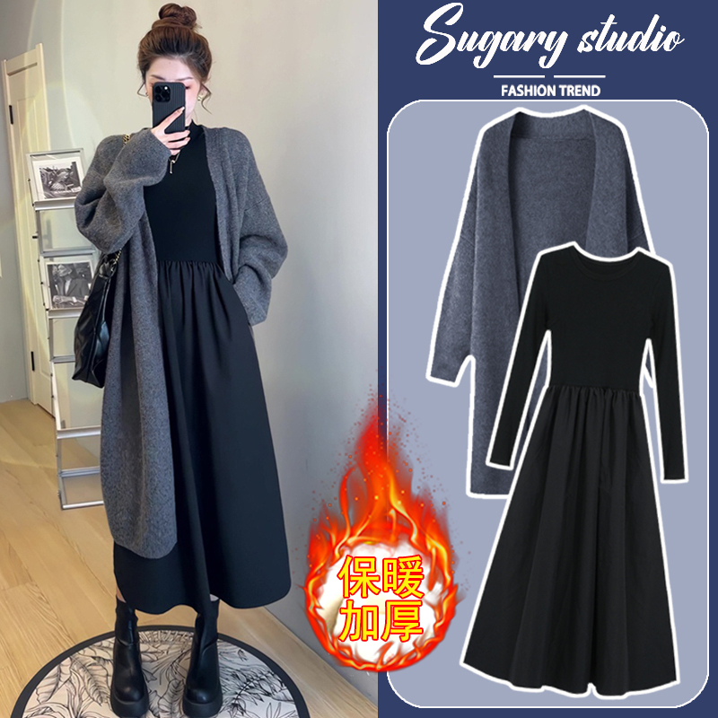 Next Kiss孕妇秋冬装毛衣外套连衣裙套装2024新款小个子时尚两件