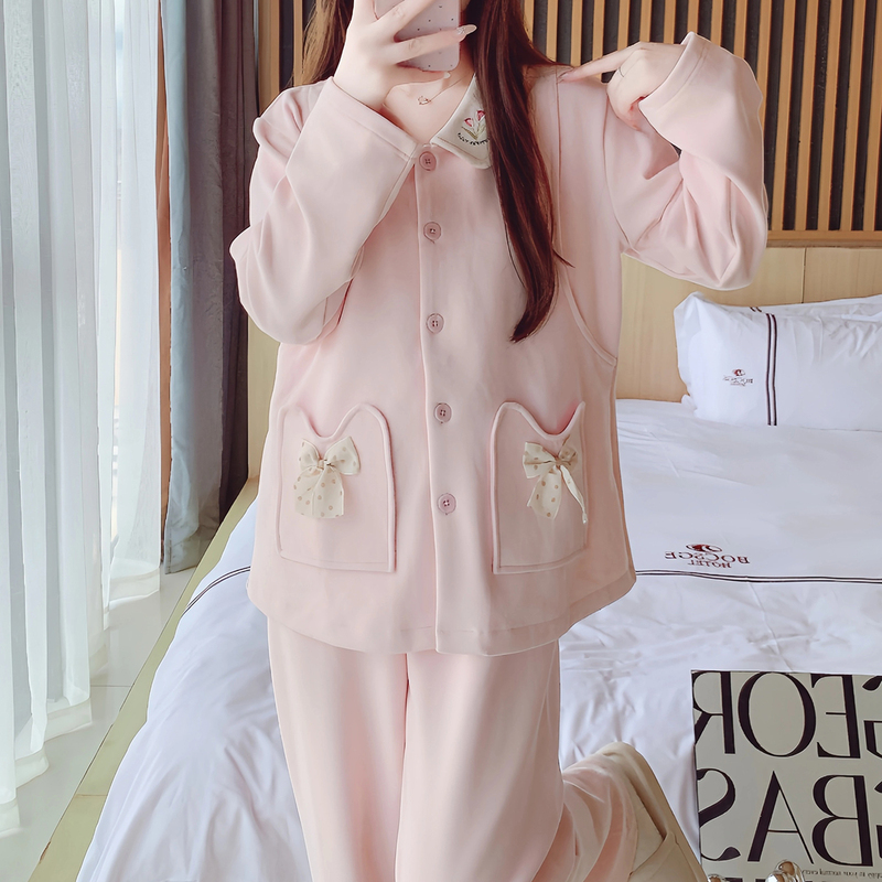 法国Uamtor月子服秋冬季加绒加厚德绒桑蚕丝大码产后哺乳睡衣套装