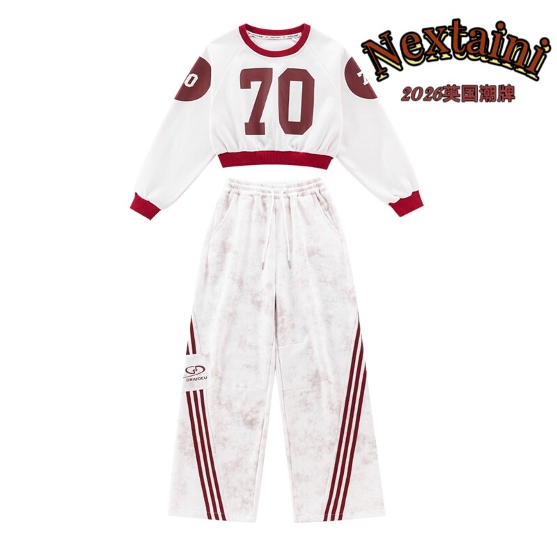 nextaini2026女童春秋新款美式拼色数字印花个性街舞辣妹运动套装