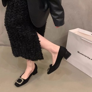 法式高跟鞋方头水钻单鞋女鞋子2026新款春秋冬黑色粗跟中跟通勤鞋