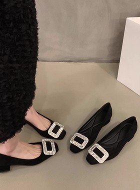 法式春季粗跟方头黑色水钻单鞋女鞋子2026新款春秋中跟气质通勤鞋