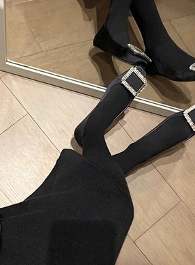 2026船鞋秋冬浅口平底黑色水钻百搭通勤工作鞋子女方头方扣rv单鞋