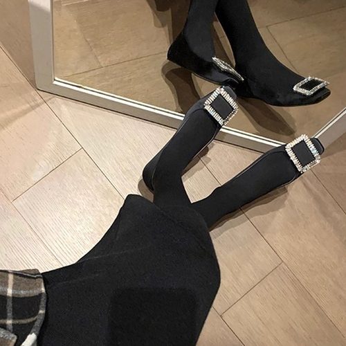 黑色水钻方头方扣平底通勤船鞋