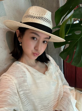 英伦老钱风白色巴拿马草帽女手工剑麻爵士顶礼帽户外防晒遮阳帽夏