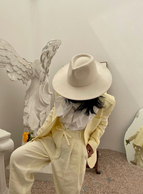 25秋冬白色羊毛呢大檐爵士礼帽女大头围凹造型法式复古英伦风毡帽