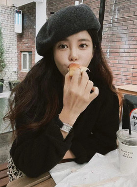 安娜家anna同款黑色羊毛贝雷帽女秋冬百搭画家帽法式蘑菇型蓓蕾帽