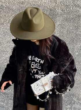 时尚博主同款法式复古中性风大头围百搭纯绿色高顶爵士羊毛呢礼帽