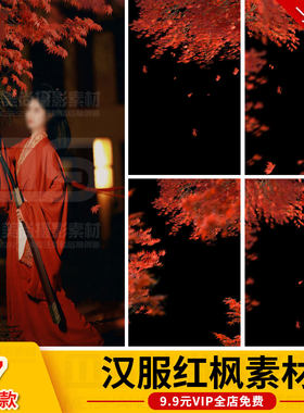 红色枫树叶古风汉服战国袍影楼艺术写真摄影设计修图合成PS素材