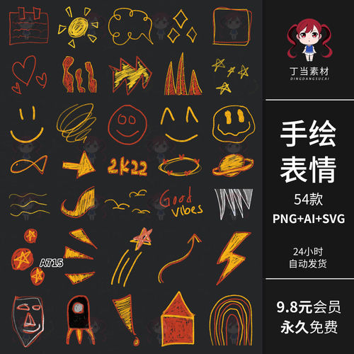 Y2K千禧画风手绘儿童简笔画综艺表情符号AI矢量PNG免抠可商用素材
